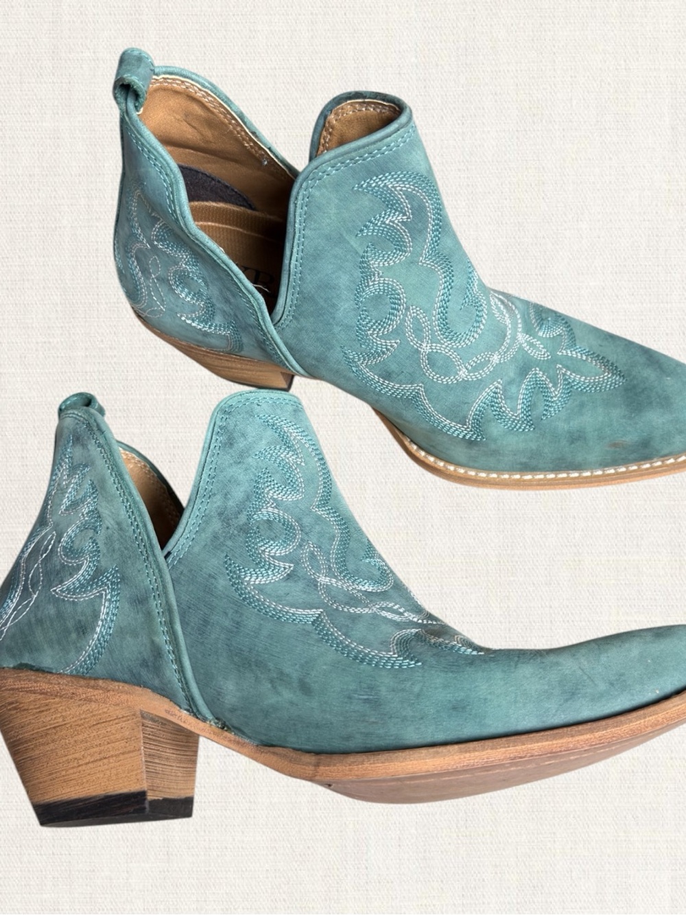 MYRA Teal Suede Western Cutout Ankle Boots - Women's